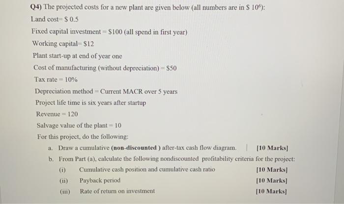 Q4 The Projected Costs For A New Plant Are Given Below All Numbers Are In 10 Land Cost 0 5 Fixed Capital Invest 1