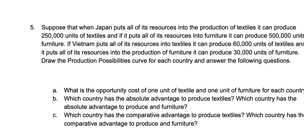 5 Suppose That When Japan Puts All Of Its Resources Into The Production Of Textiles It Can Produce 250 000 Units Of Tex 1