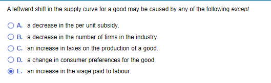 A Leftward Shift In The Supply Curve For A Good May Be Caused By Any Of The Following Except A A Decrease In The Per Un 1