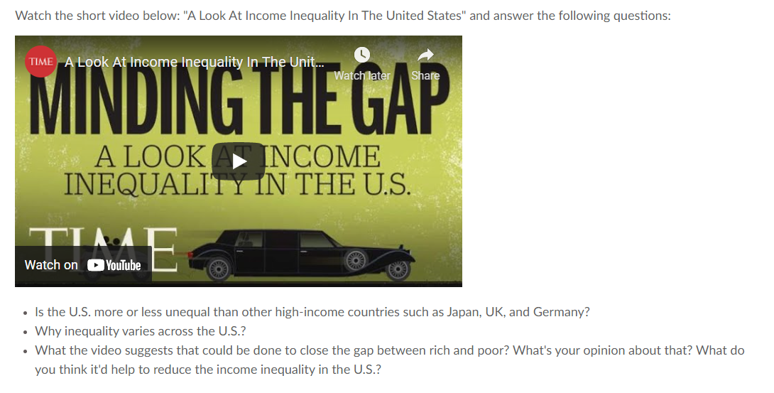 Watch The Short Video Below A Look At Income Inequality In The United States And Answer The Following Questions Time 1