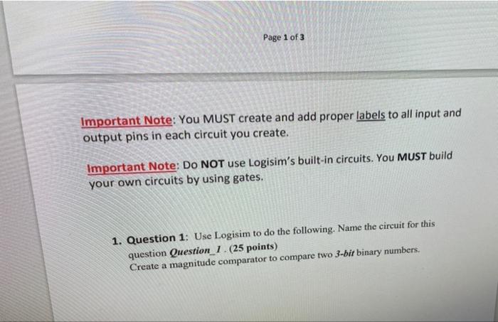 Page 1 Of 3 Important Note You Must Create And Add Proper Labels To All Input And Output Pins In Each Circuit You Creat 1
