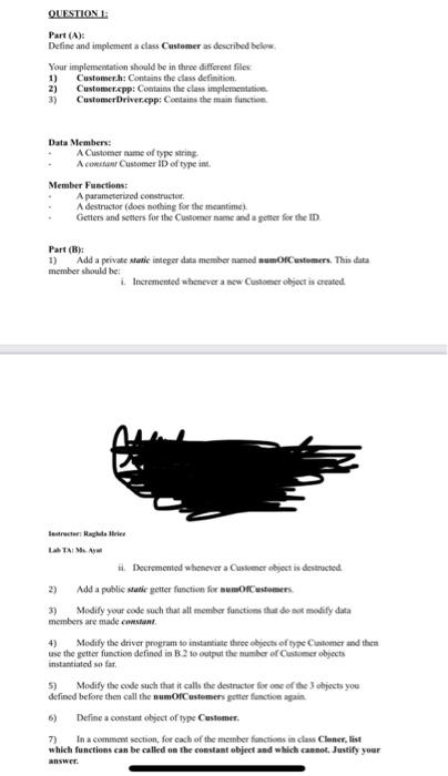 Question Part A Define And Implement A Class Customer As Described Below Your Implementation Should Be In Three Di 1