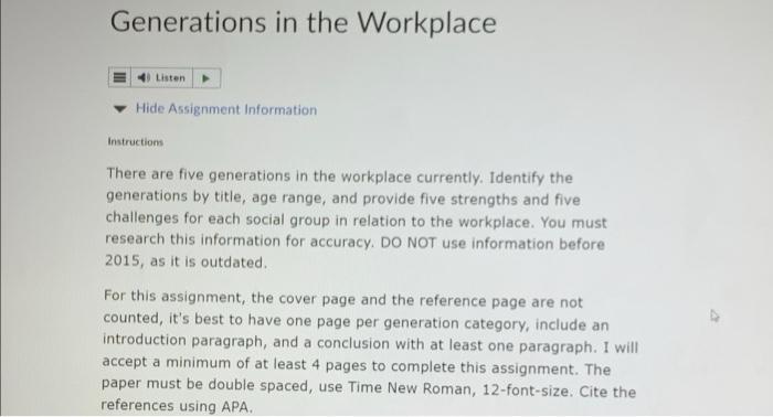 Generations In The Workplace 4 Listen Hide Assignment Information Instructions There Are Five Generations In The Workpl 1