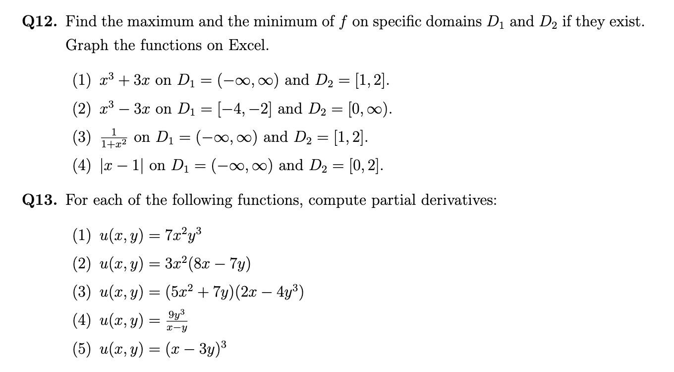 Q12 Find The Maximum And The Minimum Of F On Specific Domains D And D If They Exist Graph The Functions On Excel 1 1