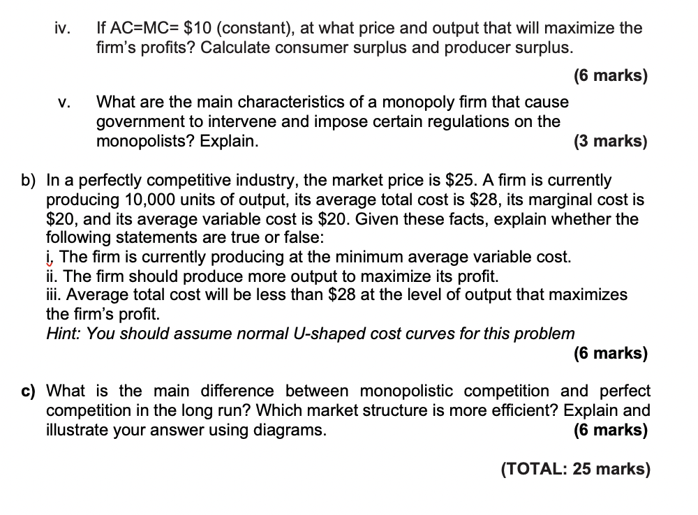 Question 2 25 Marks A The Following Graph Shows Demand And Mr For A Monopoly 25 20 15 Demand 10 Marginal Revenue 5 1 2