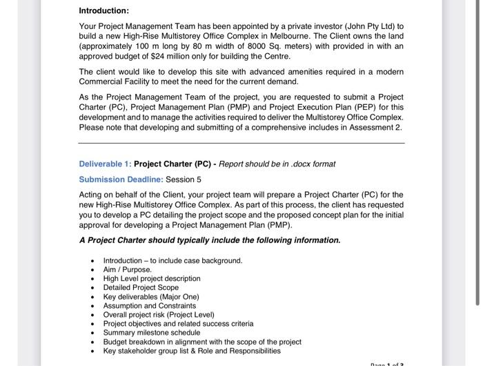 Introduction Your Project Management Team Has Been Appointed By A Private Investor John Pty Ltd To Build A New High R 1