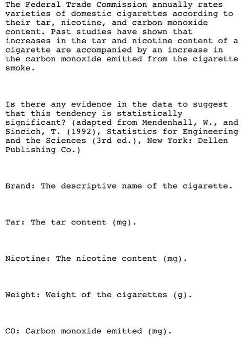 The Federal Trade Commission Annually Rates Varieties Of Domestic Cigarettes According To Their Tar Nicotine And Carbo 1