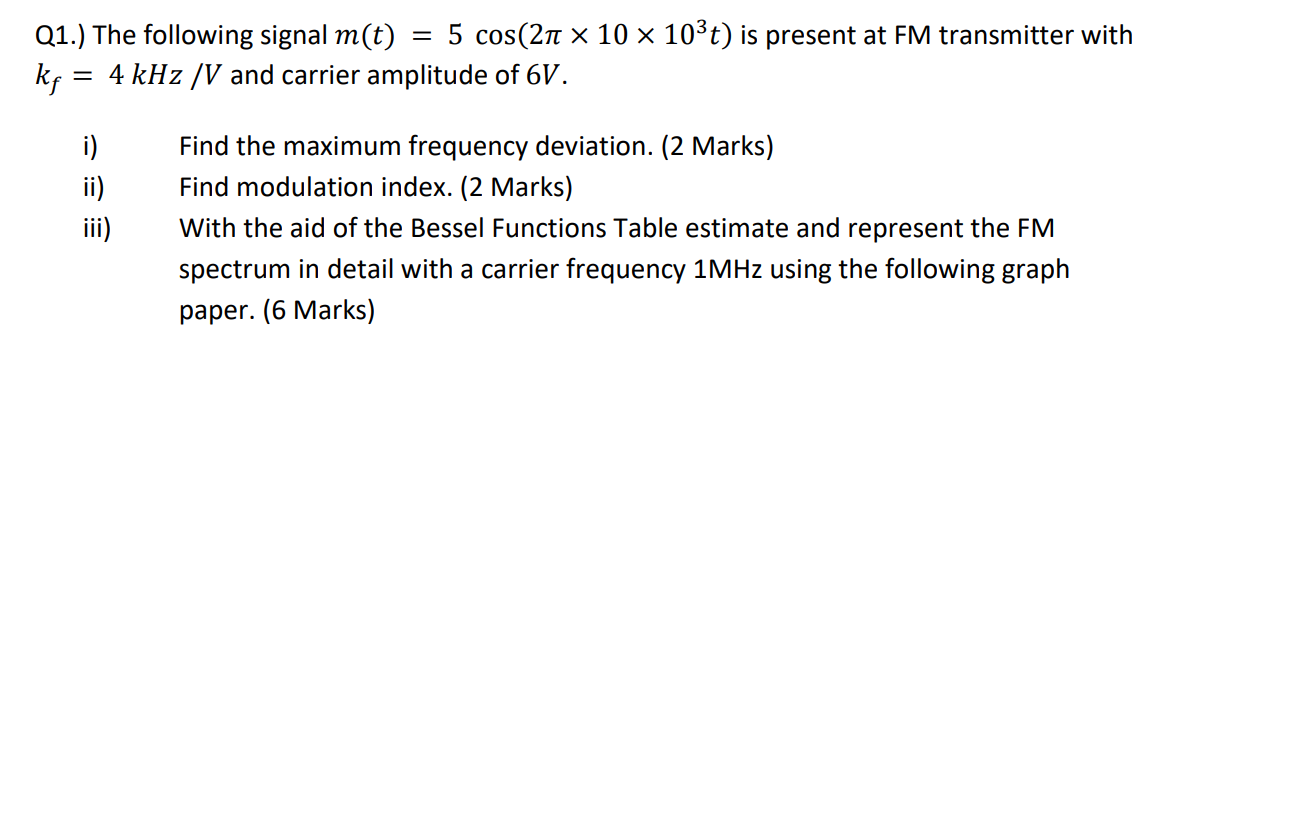 Q1 The Following Signal M T 5 Cos 21 X 10 X 103t Is Present At Fm Transmitter With Kg 4 Khz V And Carrier Ampli 1