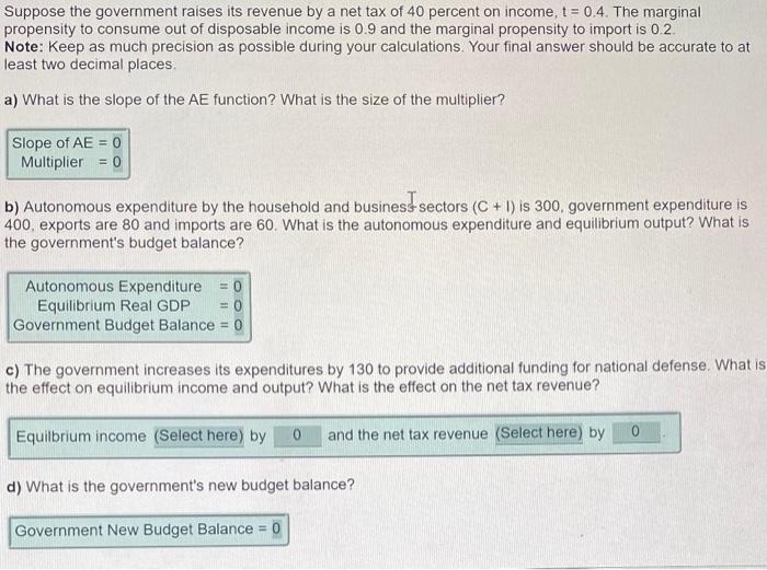 Suppose The Government Raises Its Revenue By A Net Tax Of 40 Percent On Income T 0 4 The Marginal Propensity To Cons 1