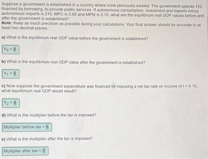 Suppose A Government Is Established In A Country Where None Previously Existed The Government Spends 110 Financed By B 1
