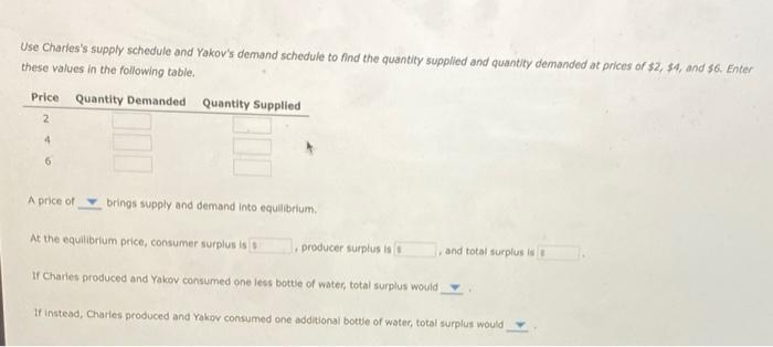 Suppose Charles Is The Only Seller In The Market For Bottled Water And Yakov Is The Only Buyer The Following Lists Show 2