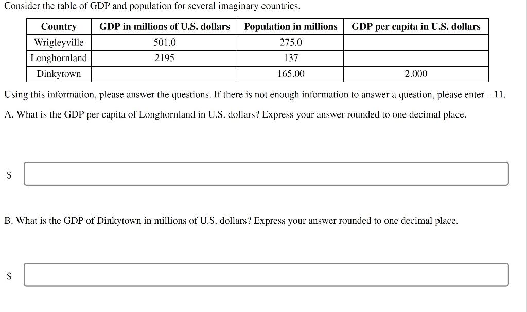Consider The Table Of Gdp And Population For Several Imaginary Countries Gdp In Millions Of U S Dollars Population In 1