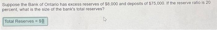Suppose The Bank Of Ontario Has Excess Reserves Of 8 000 And Deposits Of 75 000 If The Reserve Ratio Is 20 Percent W 1