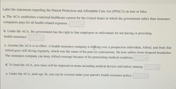 Label The Statements Regarding The Patient Protection And Affordable Care Act Ppaca As True Or False A The Aca Estab 1