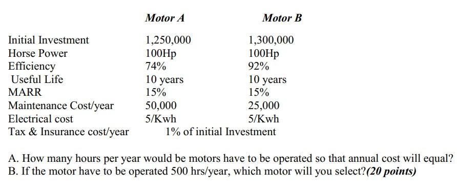 Motor A Initial Investment 1 250 000 1 300 000 Horse Power 100hp 100hp 74 92 Efficiency Useful Life 10 Years 10 Years 1