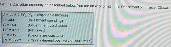 Let The Canadian Economy Be Described Below You Are An Economist In The Department Of Finance Ottawa C 55 0 8yd Y 1