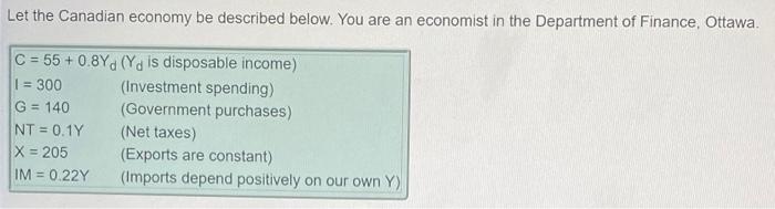 Let The Canadian Economy Be Described Below You Are An Economist In The Department Of Finance Ottawa C 55 0 8yd Yd 1