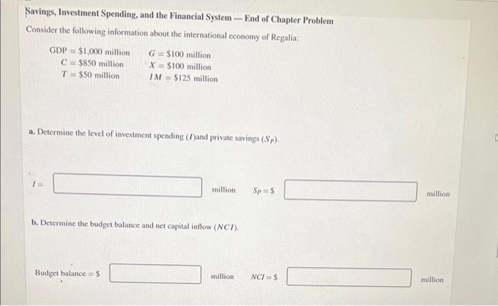 Savings Investment Spending And The Financial System End Of Chapter Problem Consider The Following Information About T 1