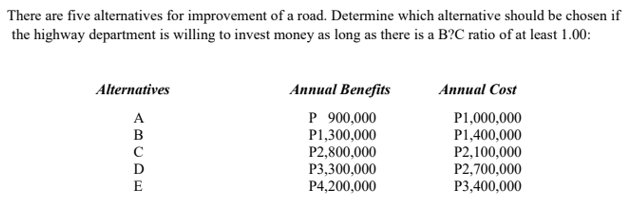 There Are Five Alternatives For Improvement Of A Road Determine Which Alternative Should Be Chosen If The Highway Depar 1