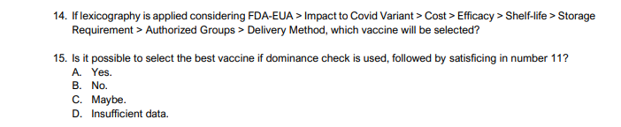For 10 15 Refer To The Problem Below 3 Pts Each A Non Compensatory Model Must Be Done To Select The Best Vaccine Av 2