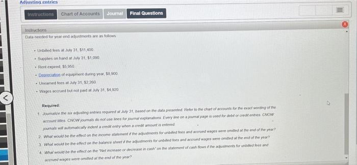 Adjusting Entries Instructions Chart Of Accounts Journal Final Questions Instructions Selected Account Balances Before A 7