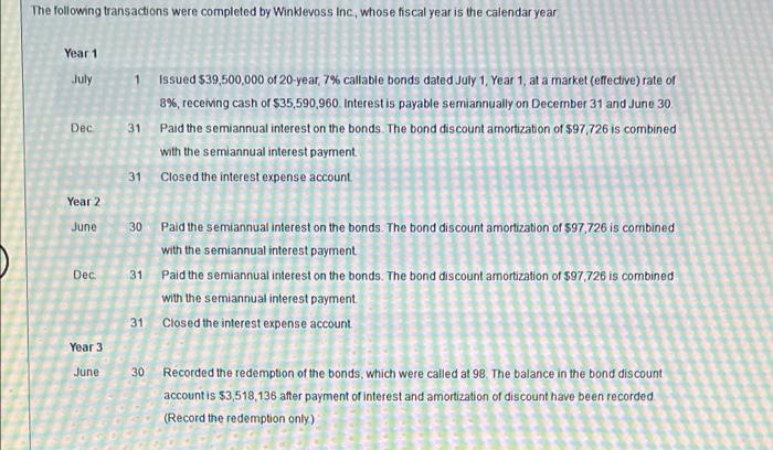 The Following Transactions Were Completed By Winklevoss Inc Whose Fiscal Year Is The Calendar Year Year 1 July Dec Yea 1