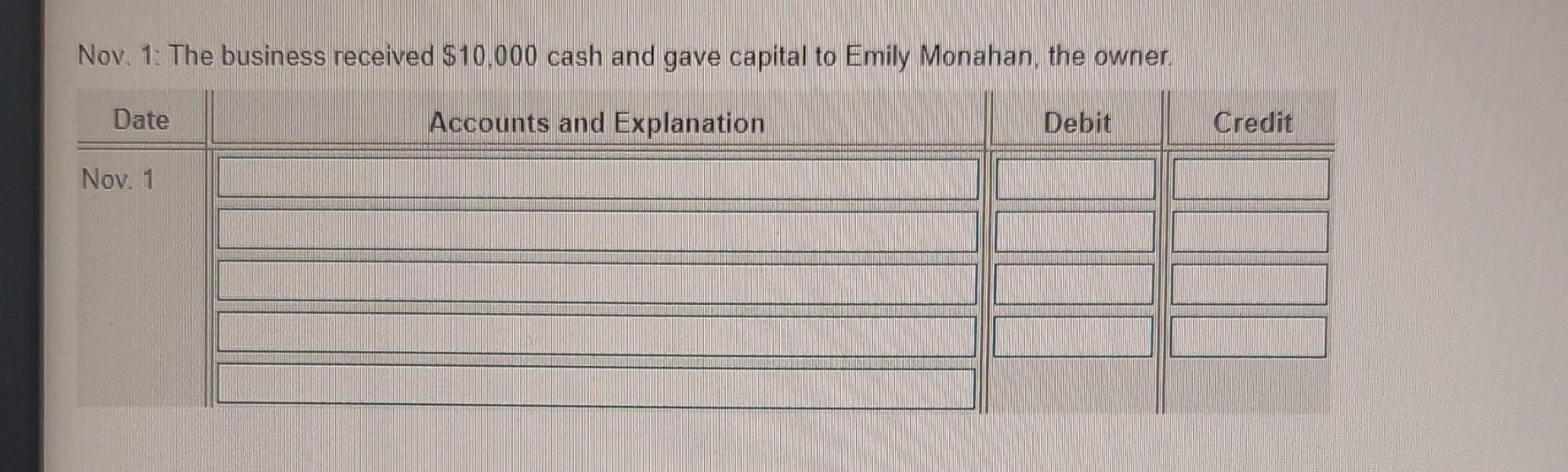 Nov 1 The Business Received 10 000 Cash And Gave Capital To Emily Monahan The Owner Date Accounts And Explanation D 1