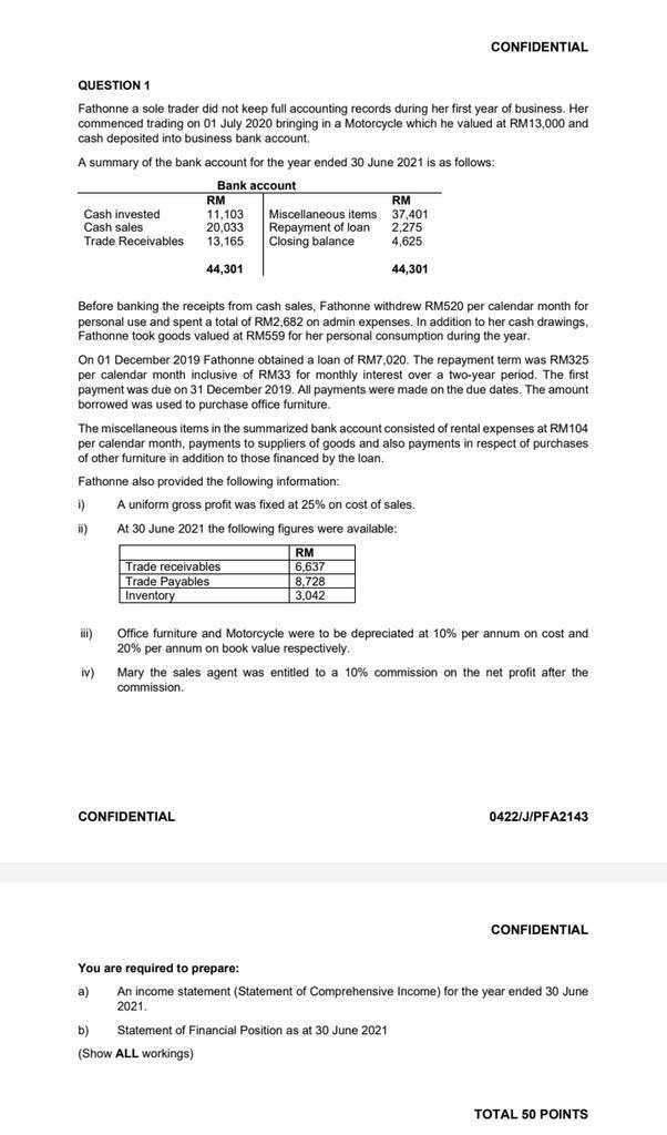 Confidential Question 1 Fathonne A Sole Trader Did Not Keep Full Accounting Records During Her First Year Of Business H 1