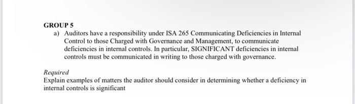 Group 5 A Auditors Have A Responsibility Under Isa 265 Communicating Deficiencies In Internal Control To Those Charged 1