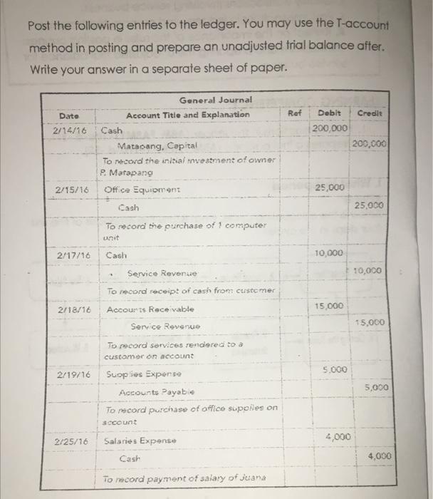 Post The Following Entries To The Ledger You May Use The T Account Method In Posting And Prepare An Unadjusted Trial Ba 1