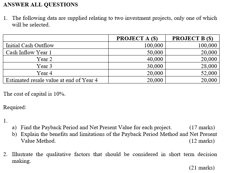 Answer All Questions 1 The Following Data Are Supplied Relating To Two Investment Projects Only One Of Which Will Be S 1