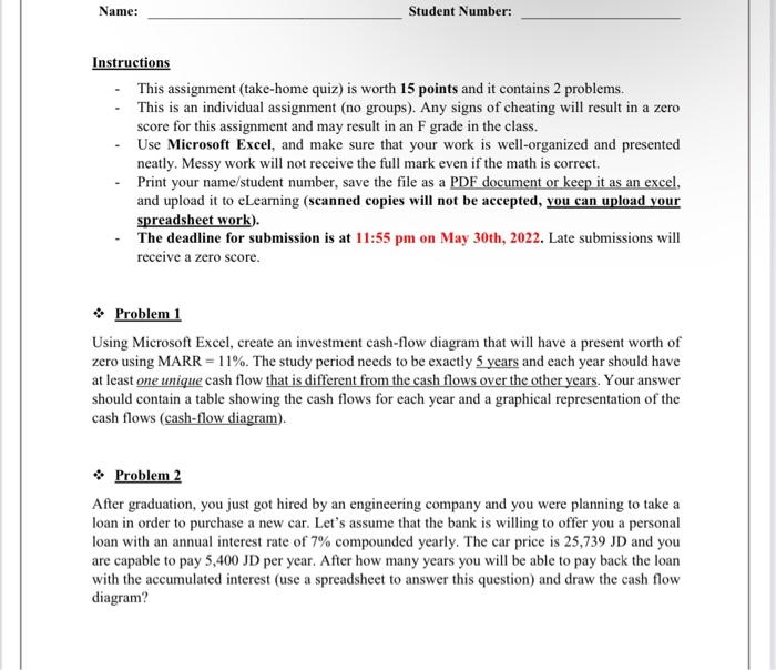 Name Student Number Instructions This Assignment Take Home Quiz Is Worth 15 Points And It Contains 2 Problems This 1