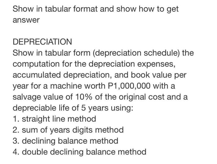 Show In Tabular Format And Show How To Get Answer Depreciation Show In Tabular Form Depreciation Schedule The Computat 1