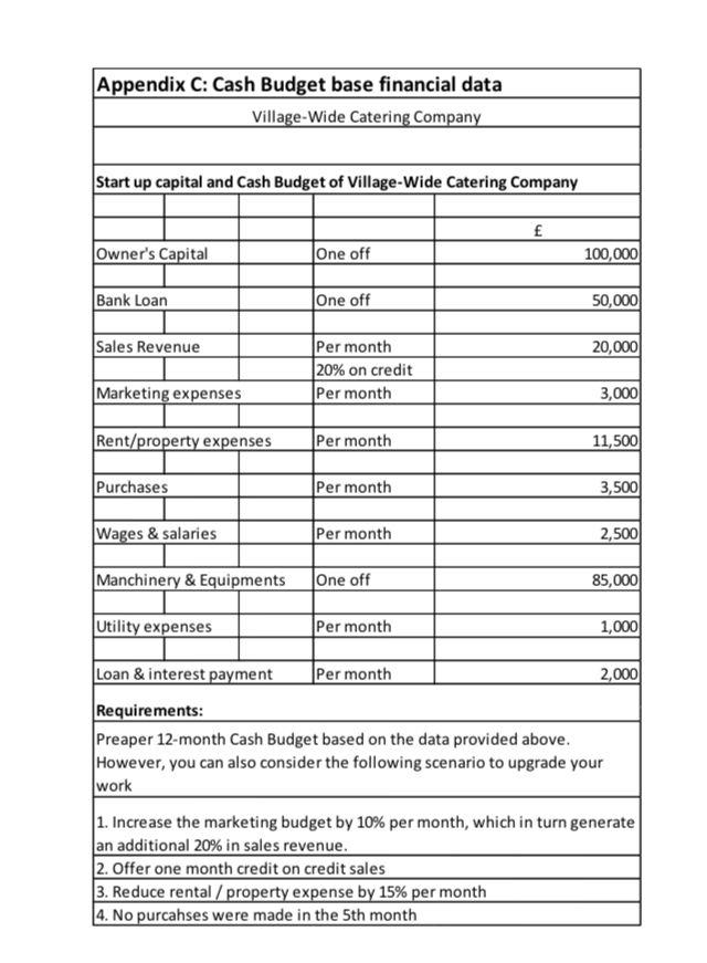 Appendix C Cash Budget Base Financial Data Village Wide Catering Company Start Up Capital And Cash Budget Of Village Wi 1