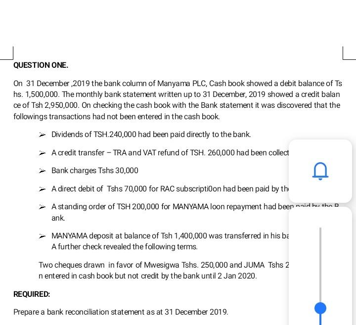 Question One On 31 December 2019 The Bank Column Of Manyama Plc Cash Book Showed A Debit Balance Of Ts Hs 1 500 000 1