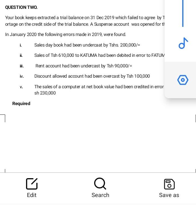 Question Two Your Book Keeps Extracted A Trial Balance On 31 Dec 2019 Which Failed To Agree By T Ortage On The Credit S 1