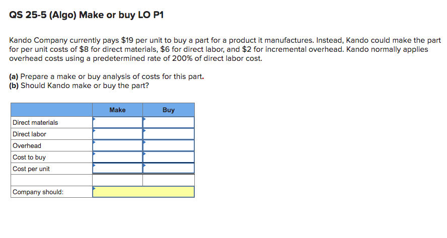 Qs 25 5 Algo Make Or Buy Lo P1 Kando Company Currently Pays 19 Per Unit To Buy A Part For A Product It Manufactures 1