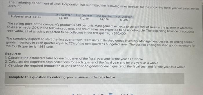 The Marketing Department Of Jessi Corporation Has Submitted The Following Sales Forecast For The Upcoming Fiscal Year A 1