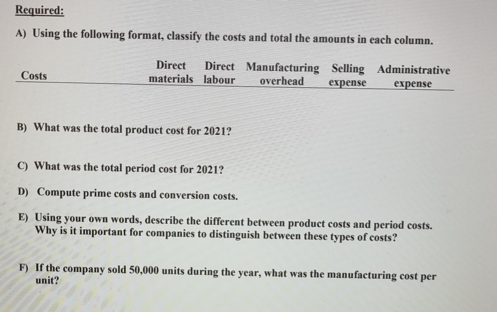 Required A Using The Following Format Classify The Costs And Total The Amounts In Each Column Direct Direct Manufact 2