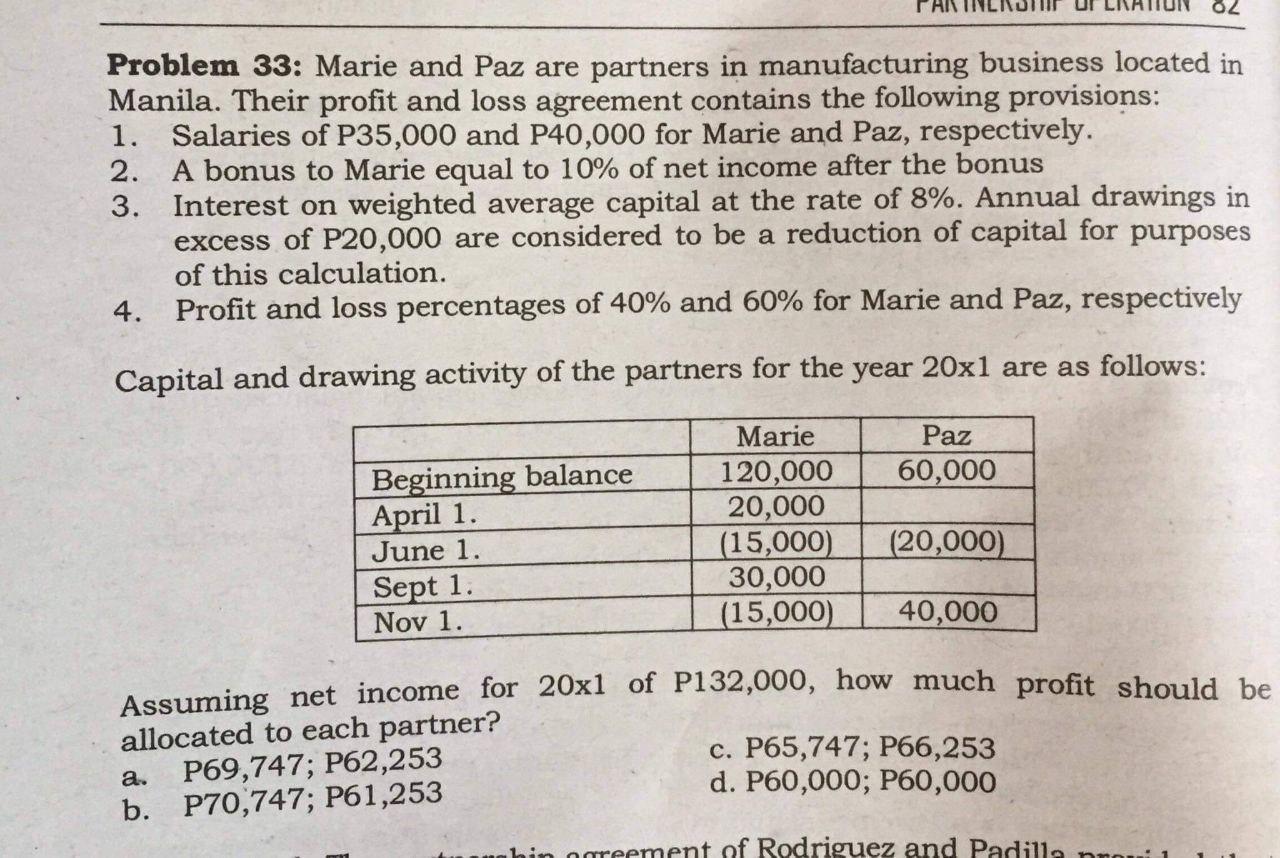 Problem 33 Marie And Paz Are Partners In Manufacturing Business Located In Manila Their Profit And Loss Agreement Cont 1