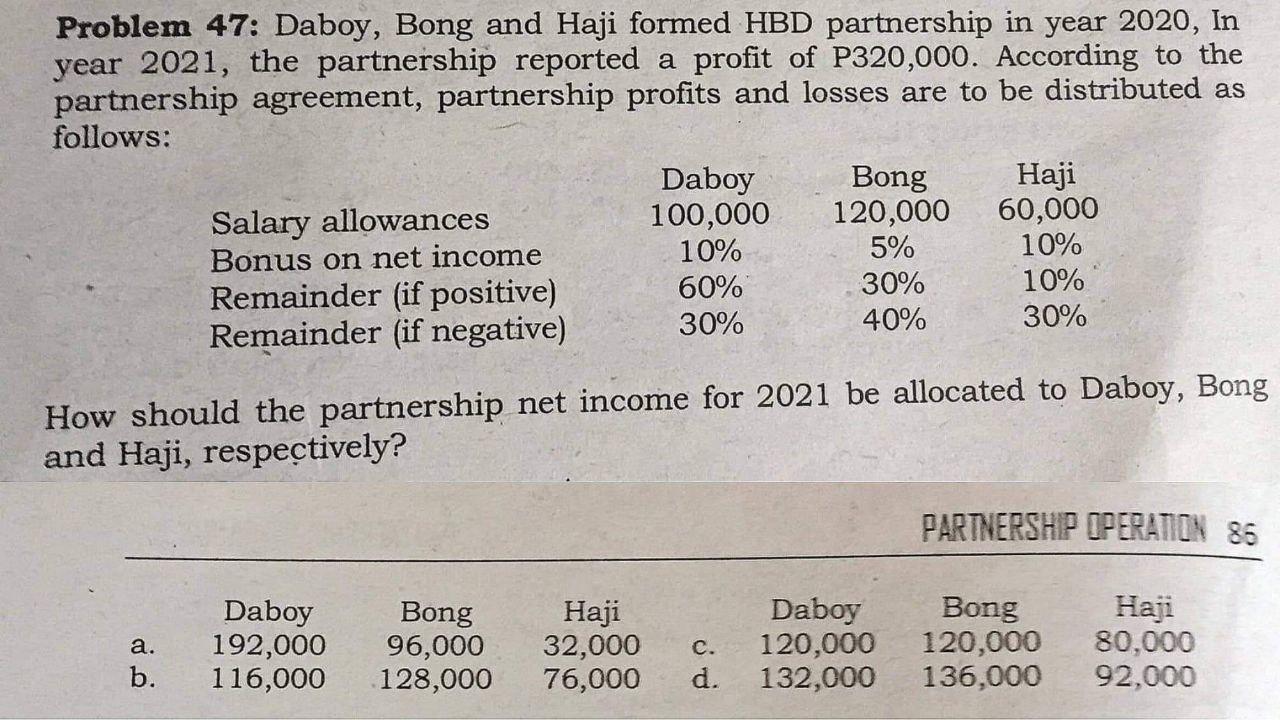 Problem 47 Daboy Bong And Haji Formed Hbd Partnership In Year 2020 In Year 2021 The Partnership Reported A Profit Of 1