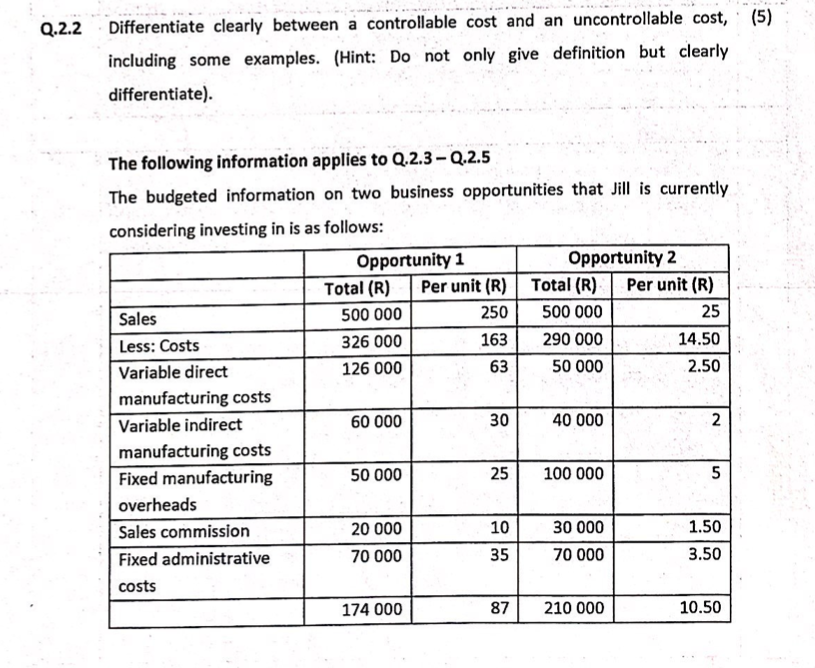 Q 2 2 Differentiate Clearly Between A Controllable Cost And An Uncontrollable Cost 5 Including Some Examples Hint 1