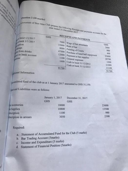 Lonnes Re Capital Nota Question 2 20 Marks Accountant Of Best Man Club Prepare The Following Receipts And Payments Acc 1