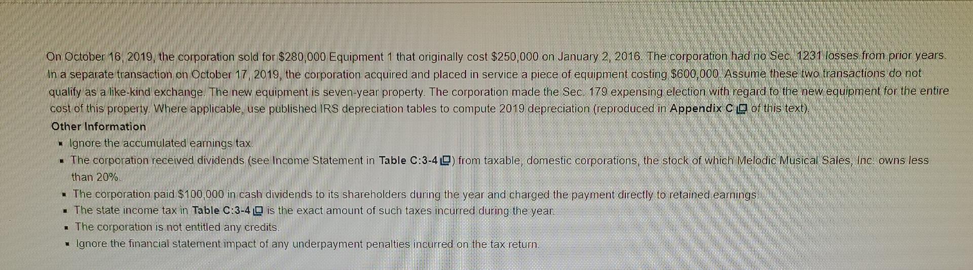 On October 16 2019 The Corporation Sold For 280 000 Equipment 1 That Originally Cost 250 000 On January 2 2016 The 1