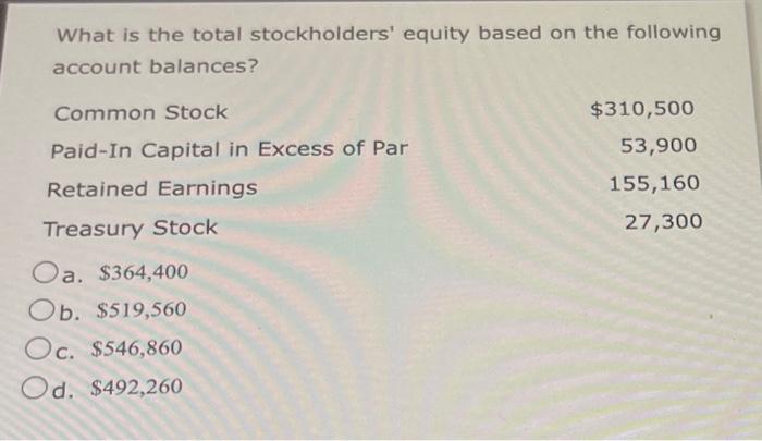 What Is The Total Stockholders Equity Based On The Following Account Balances Common Stock 310 500 Paid In Capital In 1