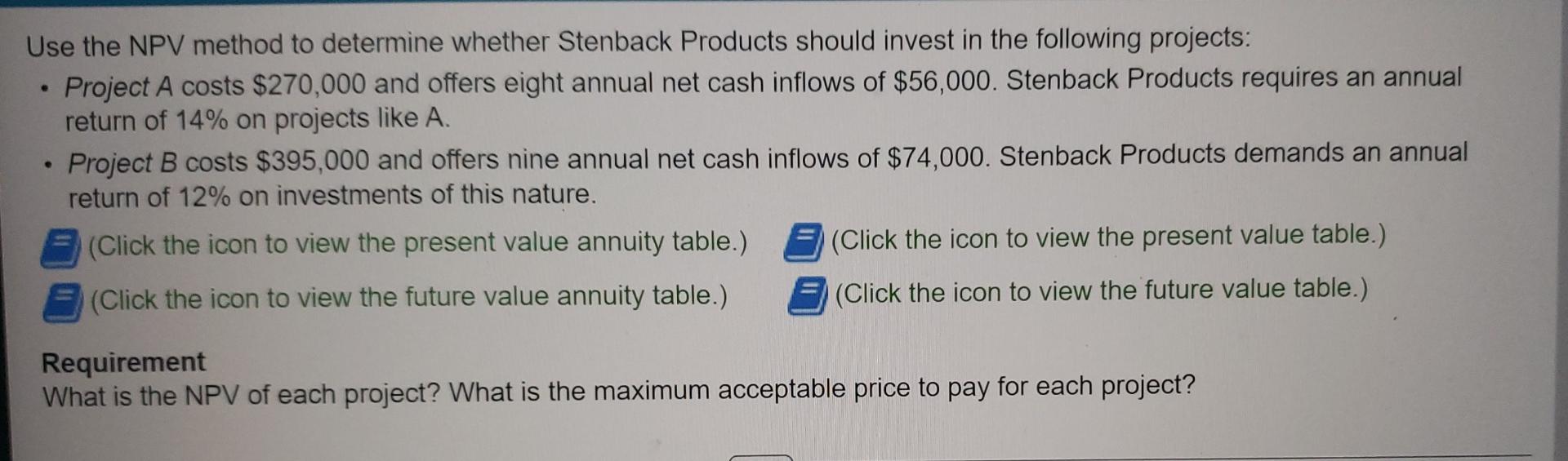 Use The Npv Method To Determine Whether Stenback Products Should Invest In The Following Projects Project A Costs 270 1