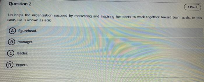 Question 2 1 Point Lia Helps The Organization Succeed By Motivating And Inspiring Her Peers To Work Together Toward Team 1
