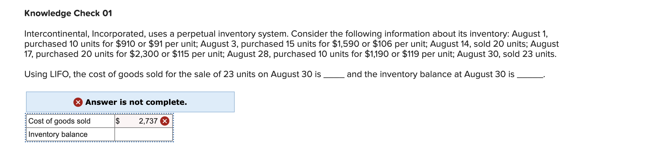 Knowledge Check 01 Intercontinental Incorporated Uses A Perpetual Inventory System Consider The Following Information 1