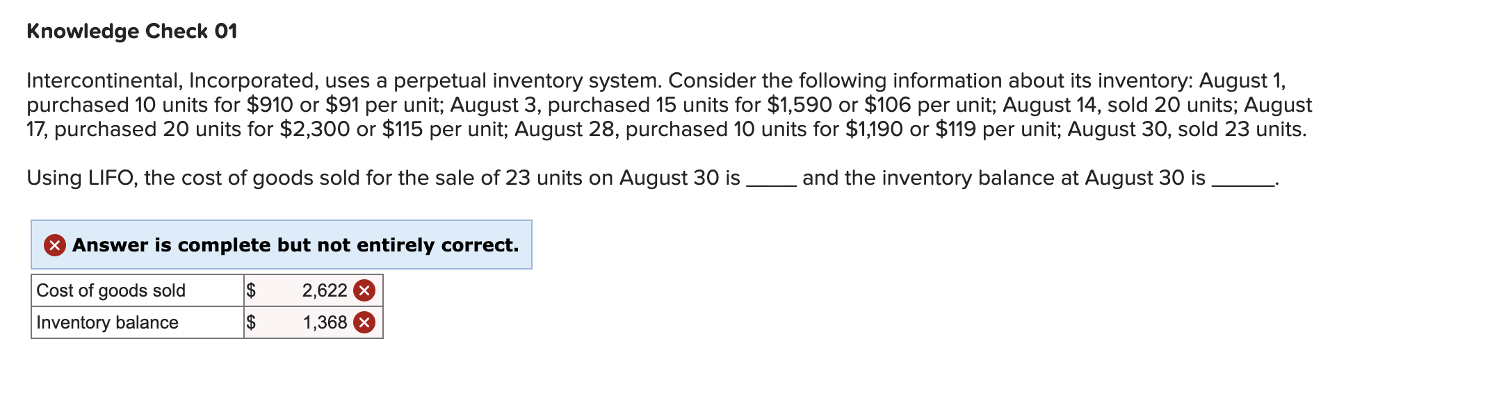 Knowledge Check 01 Intercontinental Incorporated Uses A Perpetual Inventory System Consider The Following Information 1