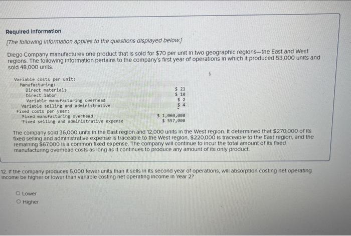 Required Information The Following Information Applies To The Questions Displayed Below Diego Company Manufactures On 1